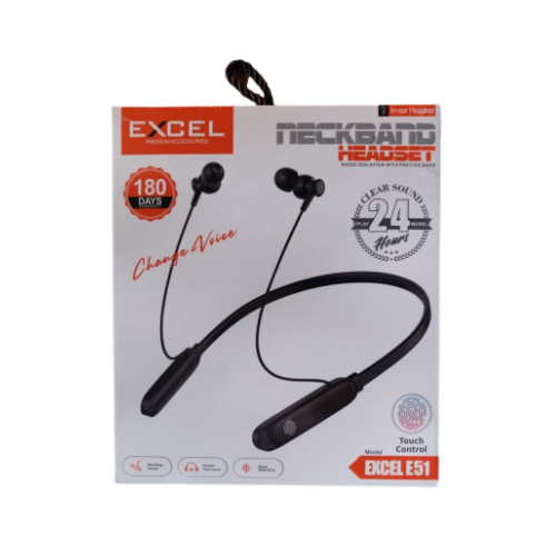 Excel E-51 wireless neckband earphone with 24 hours playback, Bluetooth 5.3, and 6-month warranty.