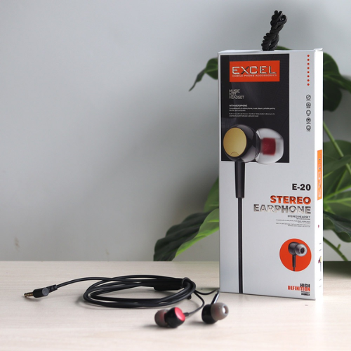 Excel E20 Wired Earphone (Black) with stereo sound and built-in microphone for hands-free calls.