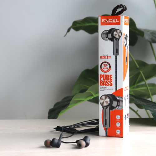 Excel E21 Wired Earphone (Black) with high-definition stereo sound and clear audio quality.