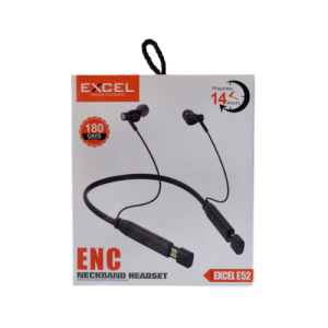 Excel E52 wireless neckband earphone with Bluetooth 5.0, 14 hours playback, and Type-C charging.