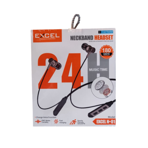 Excel N-01 wireless neckband earphone with 24 hours playback, Bluetooth 5.3, and 10m range.